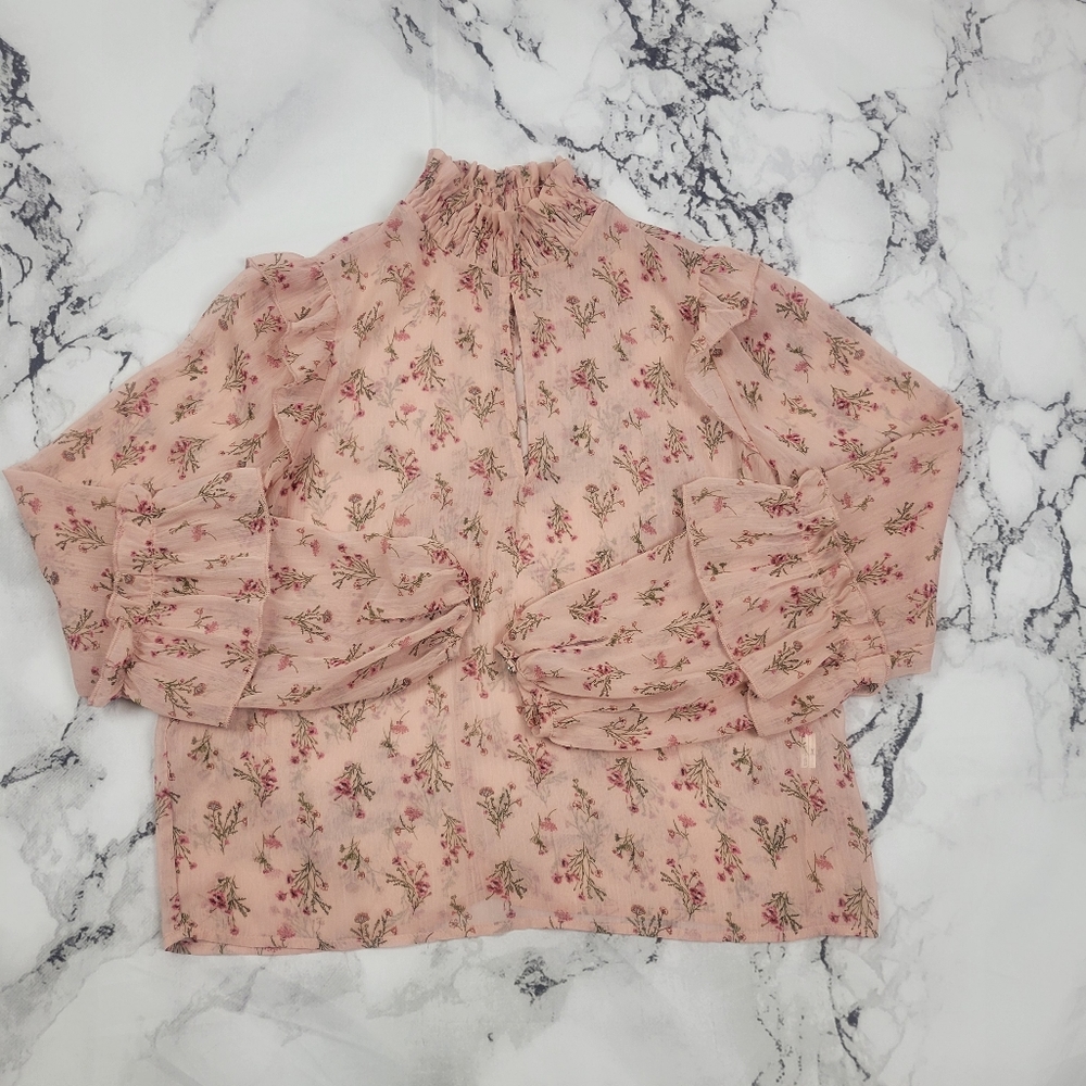 FOREVER 21 sheer floral dusty Rose pink  flowy sheer Ruffle top sz M